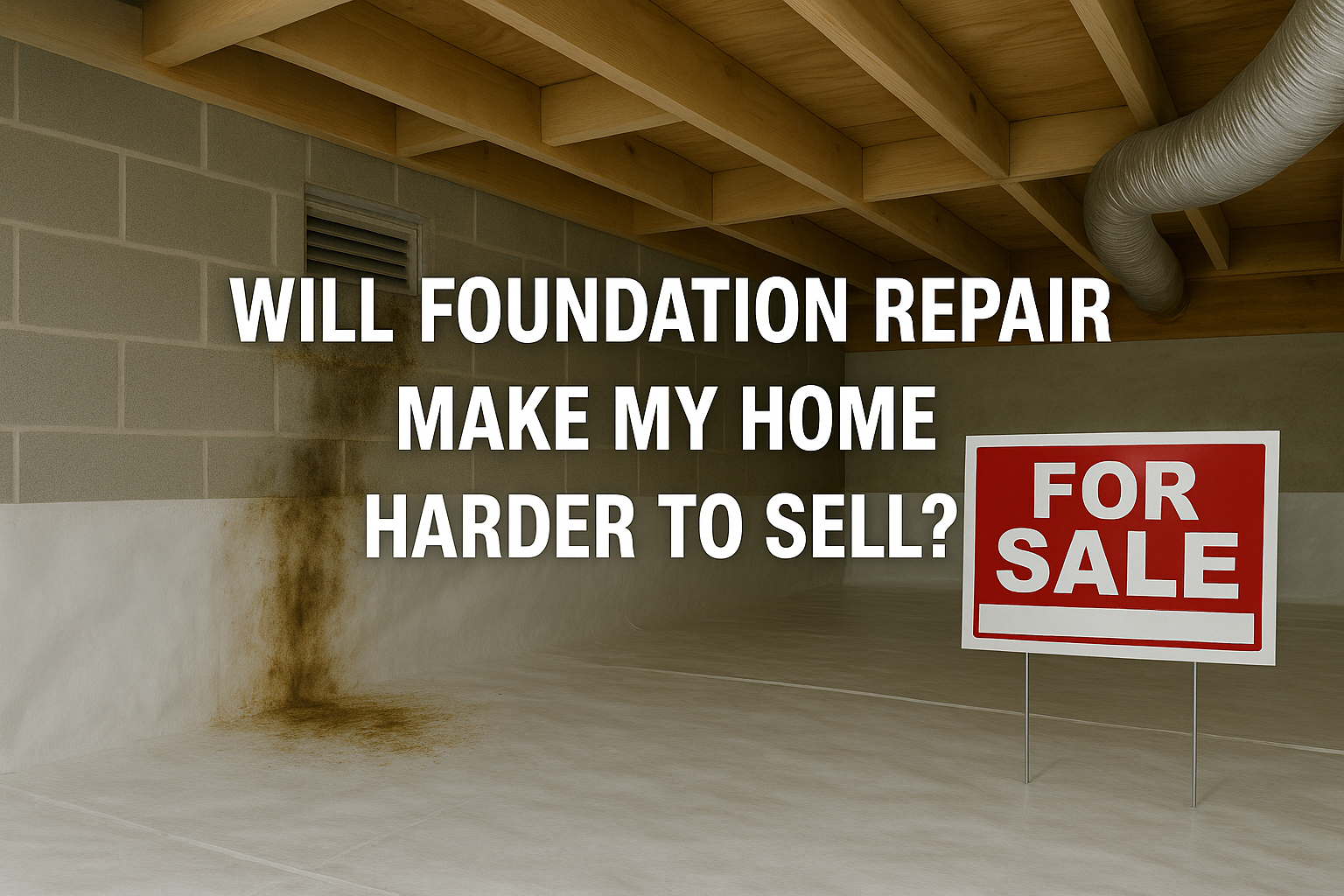 Crawl space with visible moisture damage and a for-sale sign, representing concerns about foundation repair and home resale in Florida