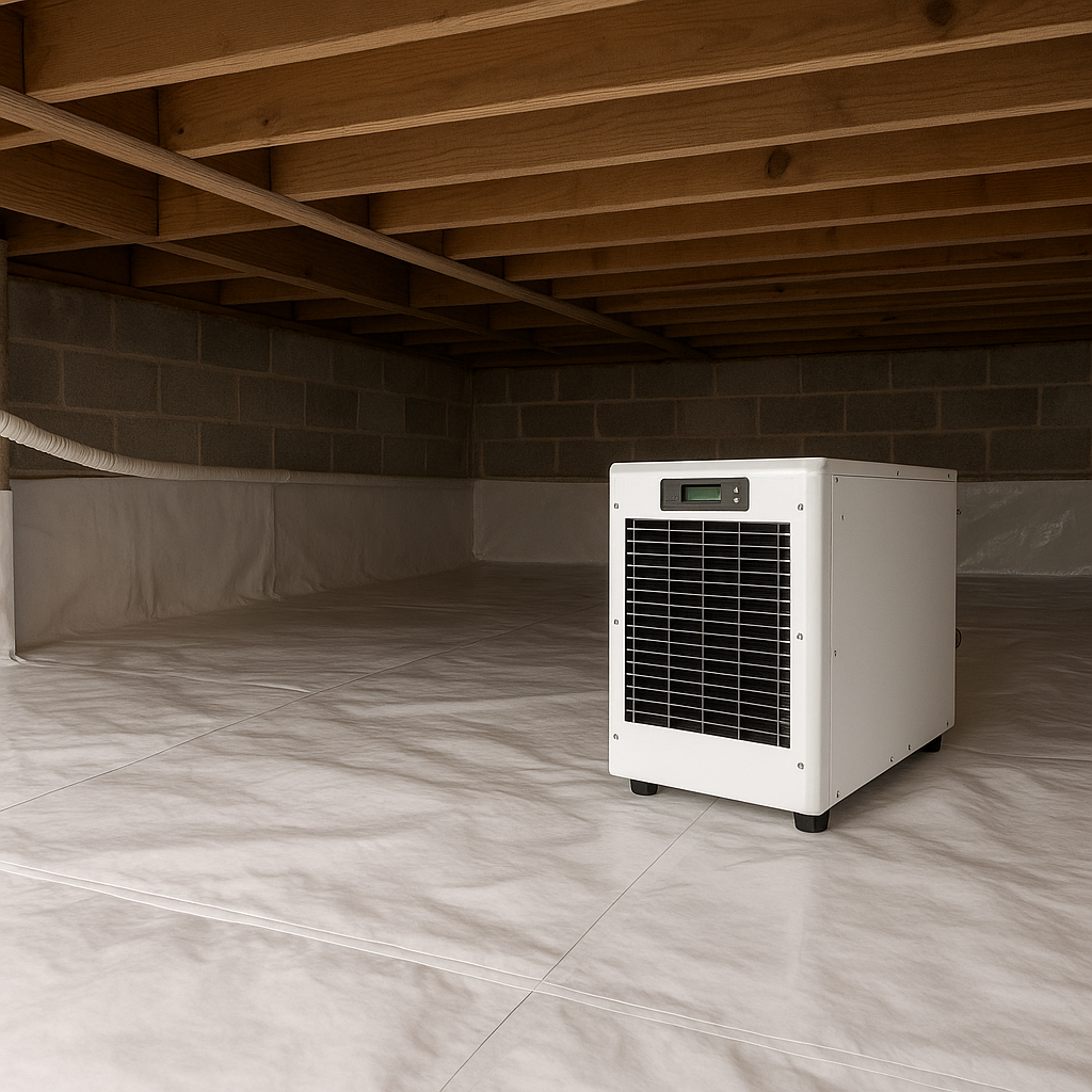 Dehumidifier in encapsulated crawl space with vapor barrier and wood joists