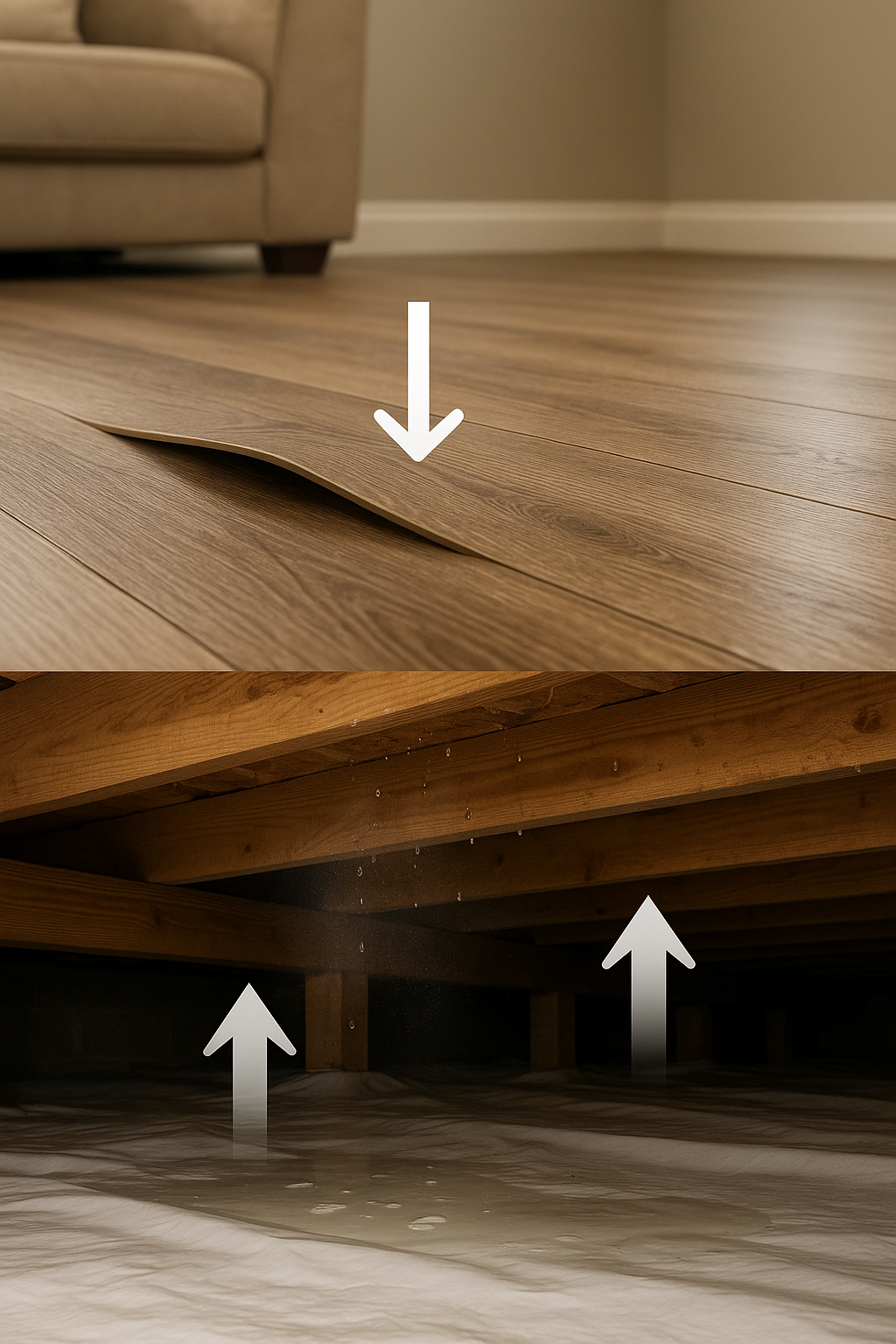 Buckled LVP flooring above a damp crawl space with rising moisture arrows