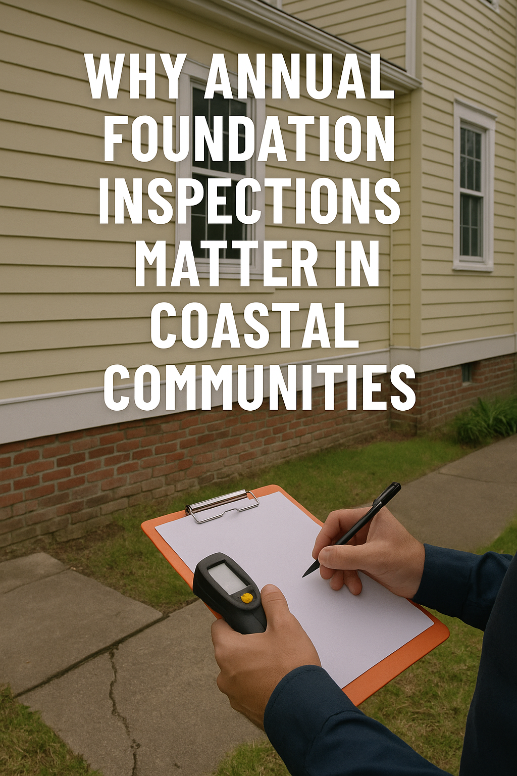 Inspector examining foundation of a coastal Florida home with visible cracks and clipboard in hand