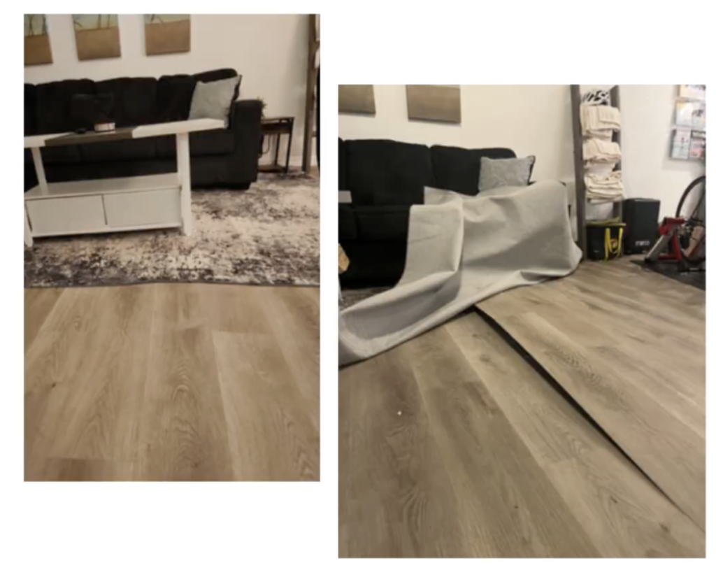 Buckling luxury vinyl plank flooring in a Fort Walton Beach home caused by crawl space moisture issues